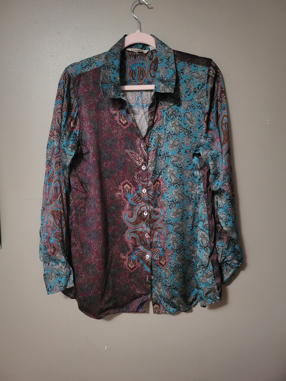 Soft Surroundings Paisley Button-Down Blouse in Teal & Burgundy Large Silk